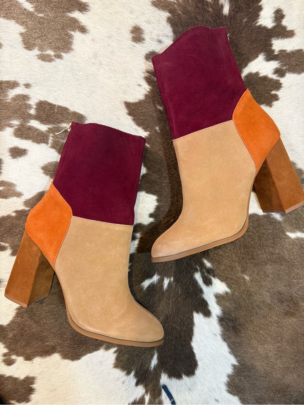 Chinese Laundry Colorblock Suede Ankle Boots — Burgundy, Orange & Tan